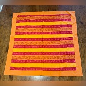 Kiss That Frog Brand Vibrant Orange and Red Striped Vintage Table Cloth 55.5x57”